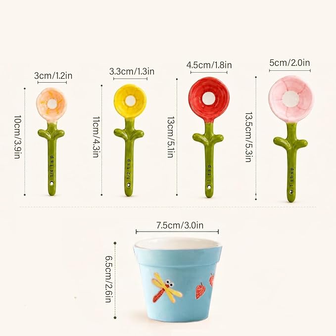 Ceramic Measuring Spoons, 4pcs Flower Shaped Baking Spoons with Decorative Pot