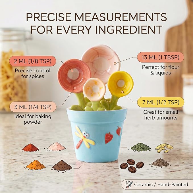 Ceramic Measuring Spoons, 4pcs Flower Shaped Baking Spoons with Decorative Pot