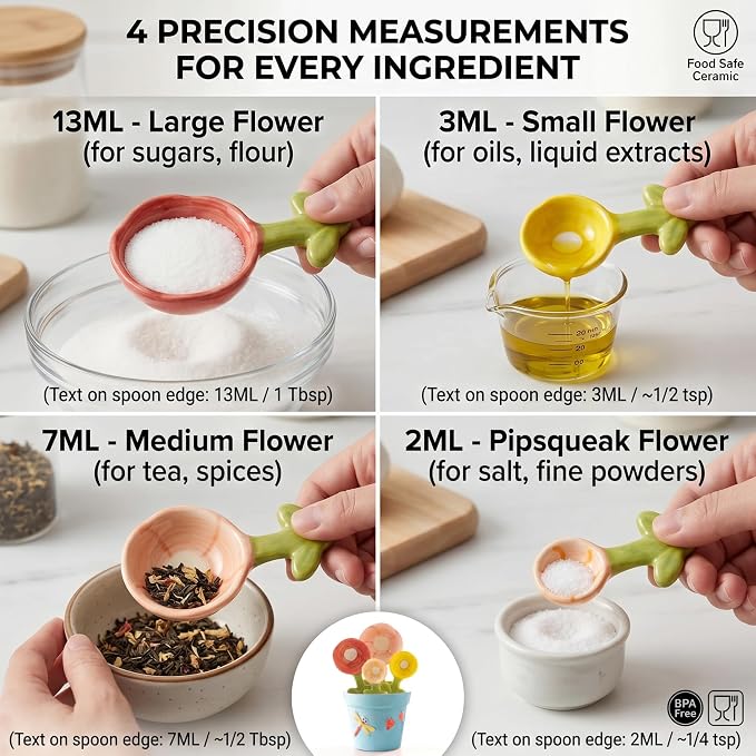 Ceramic Measuring Spoons, 4pcs Flower Shaped Baking Spoons with Decorative Pot